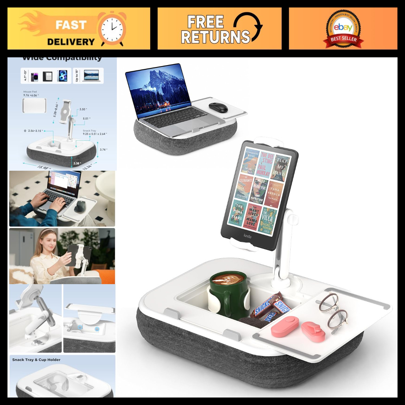 Adjustable Tablet Pillow Stand & Laptop Lap Desk with Mouse Pad, 360° Arm, Snack