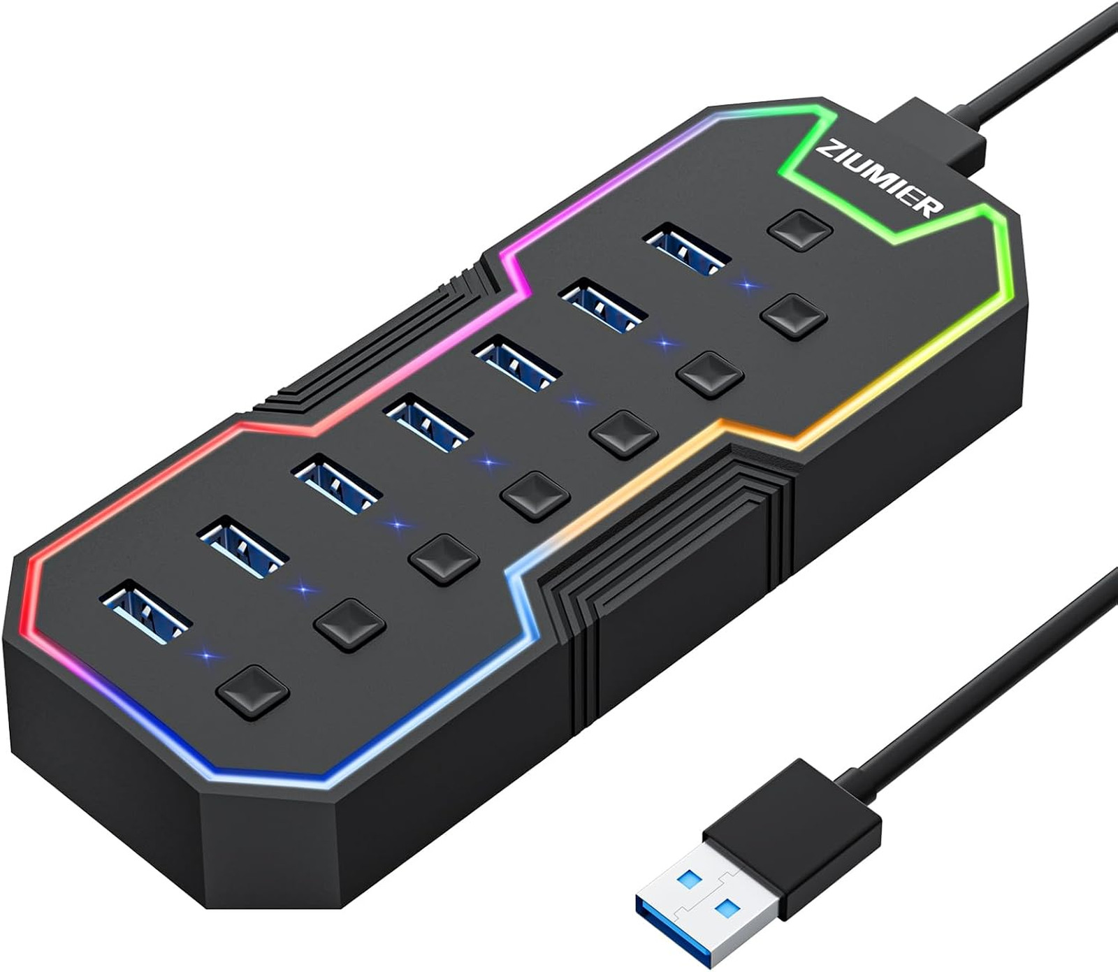 USB Hub 7 Port RGB LED Strip USB Splitter for Laptop Gaming Data Transfer