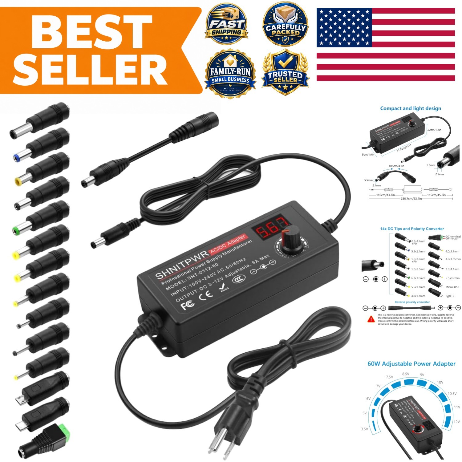 Multi-Use 60W Power Supply with LCD Voltage Display & Safety Protection Systems