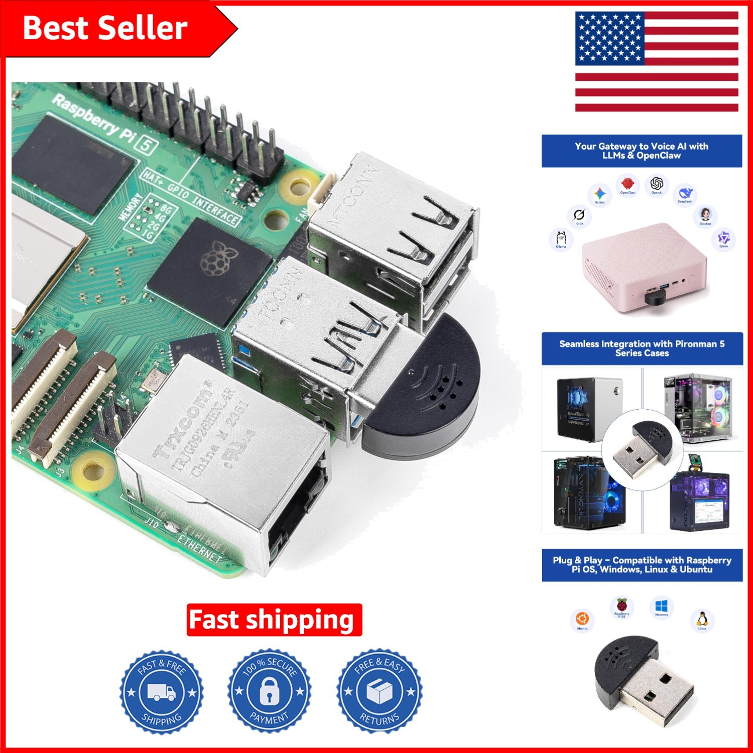 Raspberry Pi 5 USB Microphone - Perfect for AI Voice Control and Communication