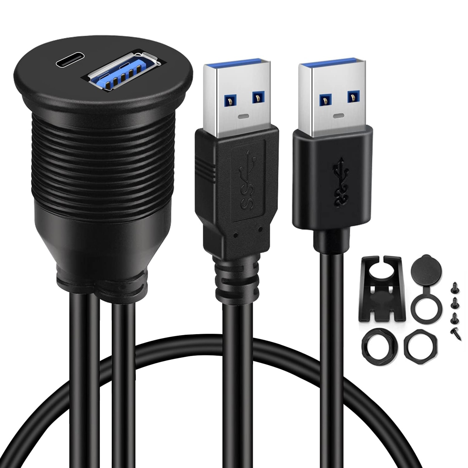 BATIGE Dual USB 3.0 Type-C Flush Mount Extension Cable Waterproof 3ft Black