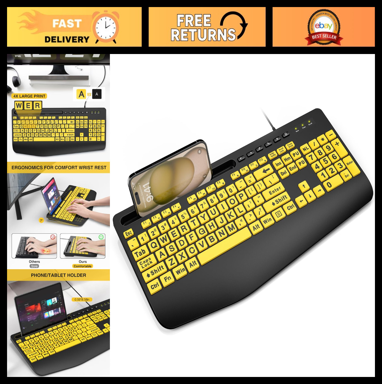Large Print Wired Keyboard with Wrist Rest & Phone Holder - Easy Read Big Letter