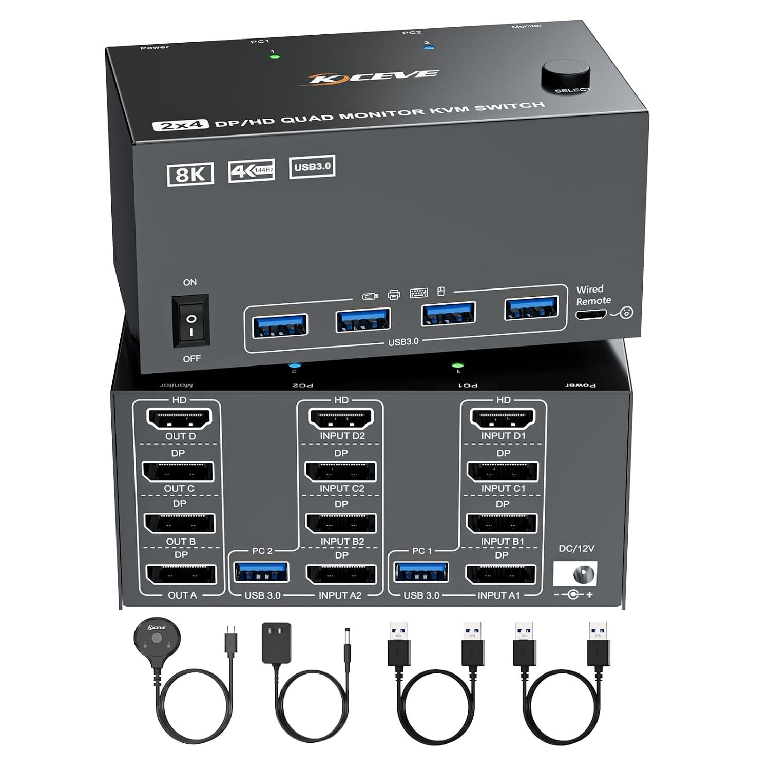 8K Quad Monitor KVM Switch 4 Monitors 2 Computers HDMI+DP 4K@120Hz