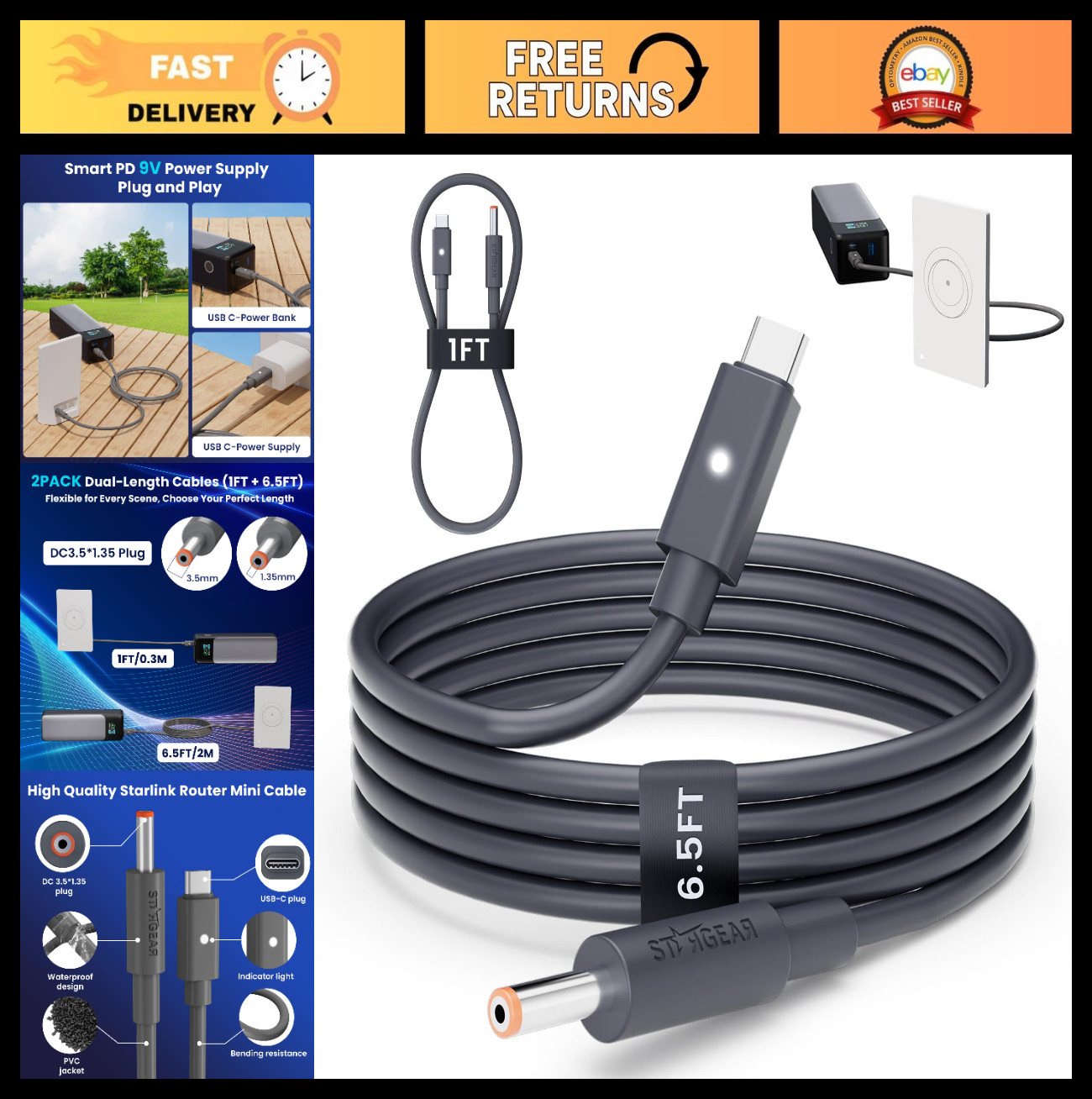 Mini Router Power Cable 2 Pack (1FT & 6.5FT) USB C to DC, Plug & Play, PD 9V Com