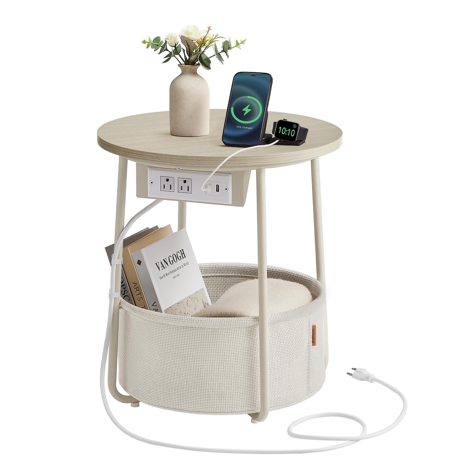 VASAGLE LILEA Collection - Side Table with Charging Station, Round End Table ...