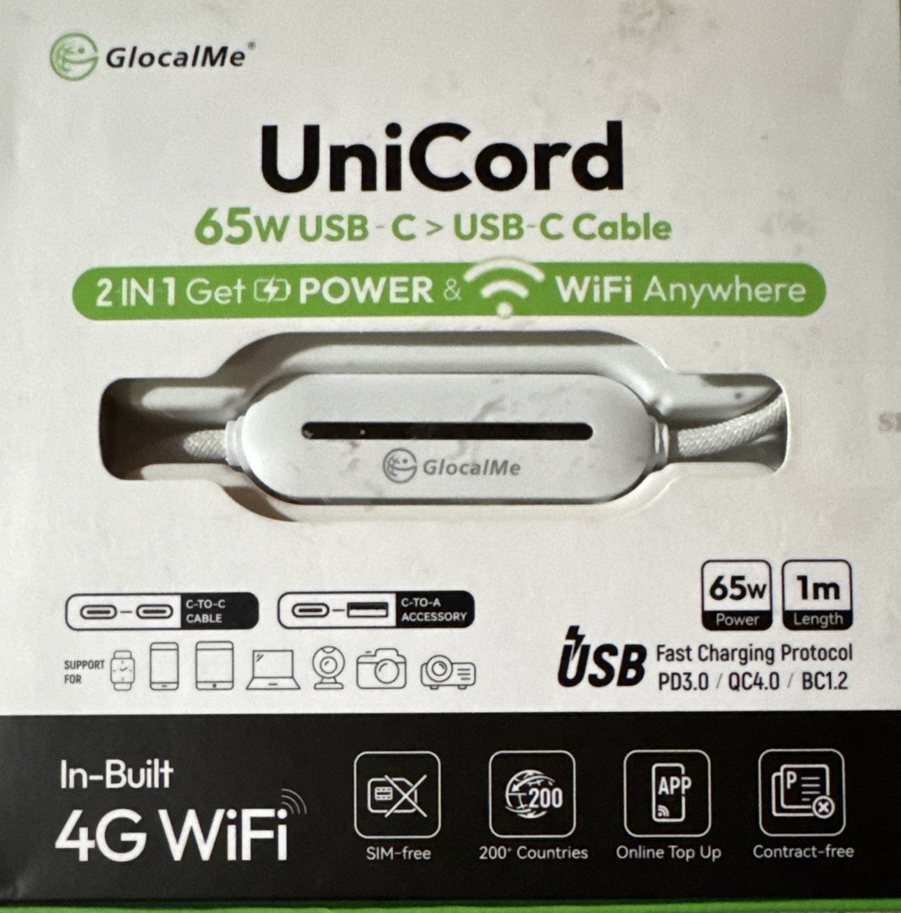GlocalMe Unicord 2 In 1 Get Power & 4G WiFi 65 W USB Sim Free 200+ Countries