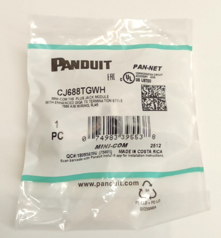Panduit Pan-Net CJ688TGWH Mini-Com® TX6™ PLUS UTP RJ45 TG Jack Module White 4Pk