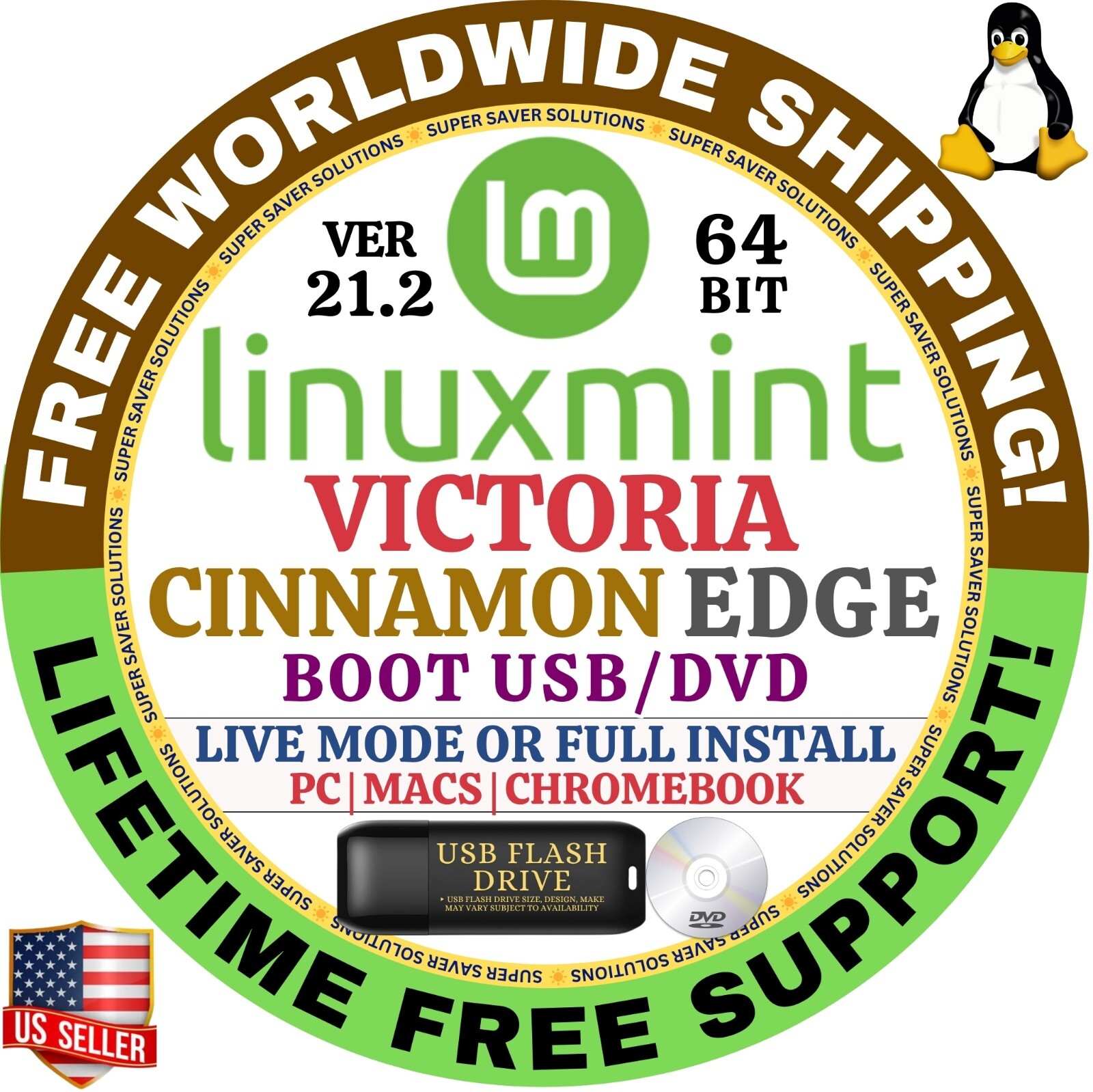 Linux MINT 21.2 USB VICTORIA Cinnamon Edge 64-Bit Live Boot, Install for MAC, PC
