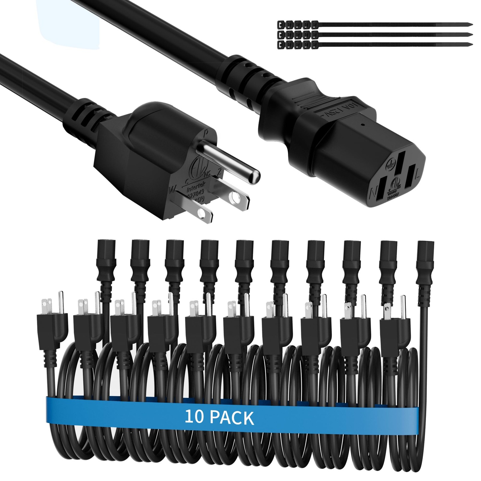 10 Pack 2 FT Computer TV Monitor Replacement Power Cord 3Prong AC Cable