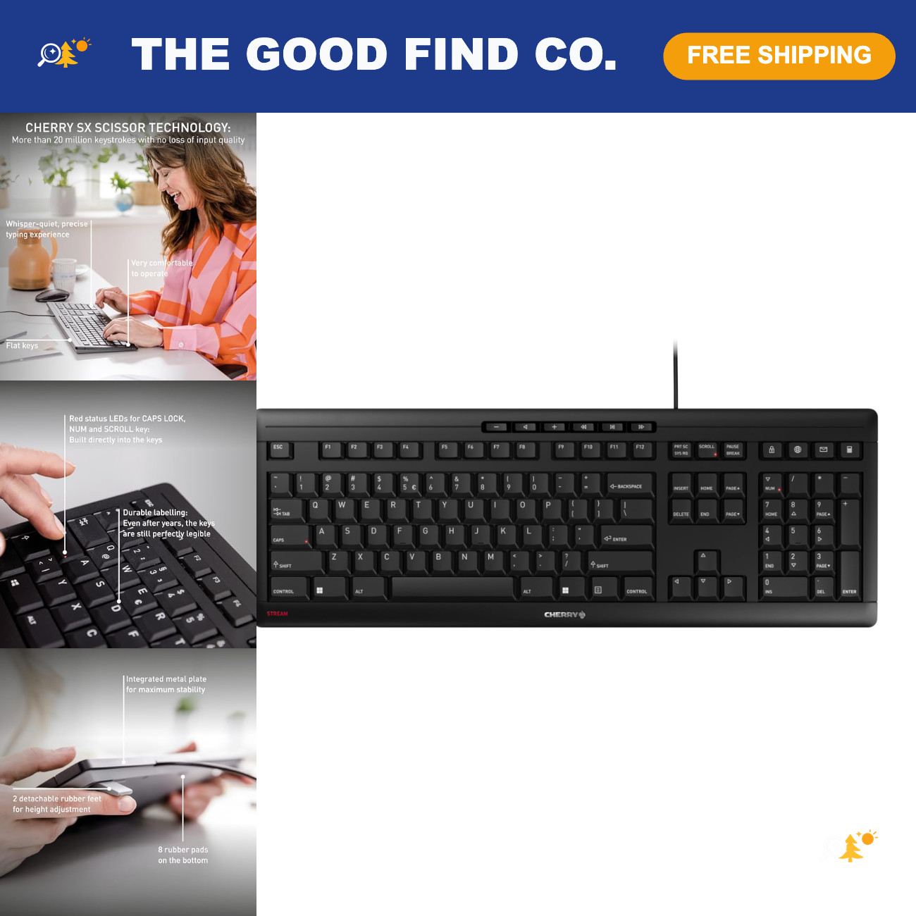 Wired Slim Cherry Stream Keyboard - Whisper Quiet Silent Keys - Black Color