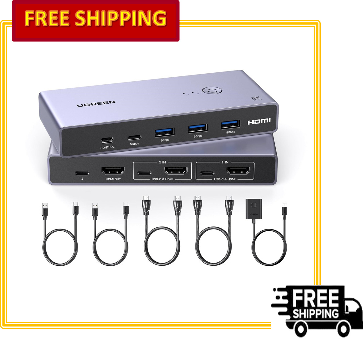 UGREEN 8K@60Hz HDMI KVM Switch for 2 Computers 1 Monitor with 4 USB 3.0 Ports