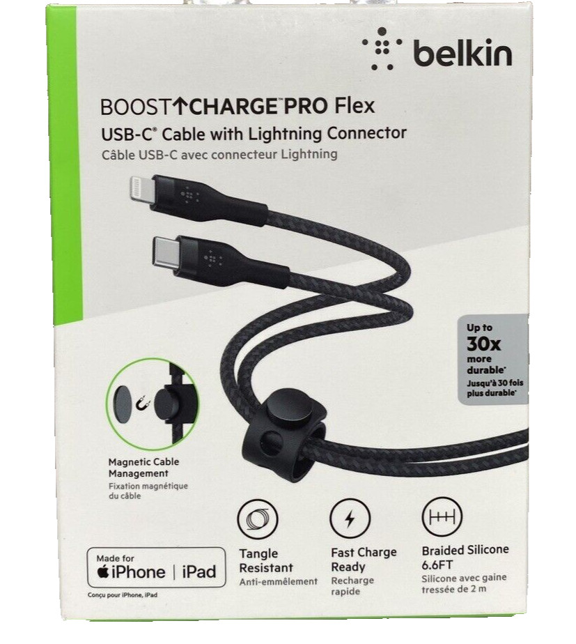 Belkin Charge PRO Flex USB-C Cable with Lightning - Black - CAA011bt2MBK NEW 2M