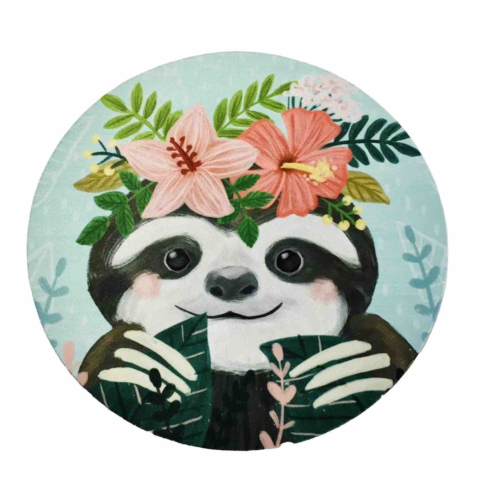 Sloth Round Mouse Pad 8 in Diameter - Blue with Pink Hisbiscus Flowers