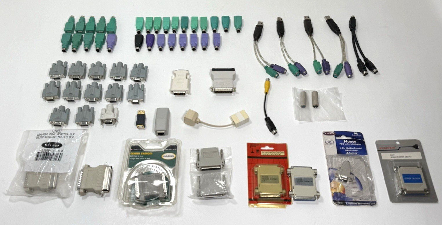 Huge Lot 64 Computer Adapters PS/2 DB25 DB9 C36 RJ45 Microsoft 68666 PC VTG NOS