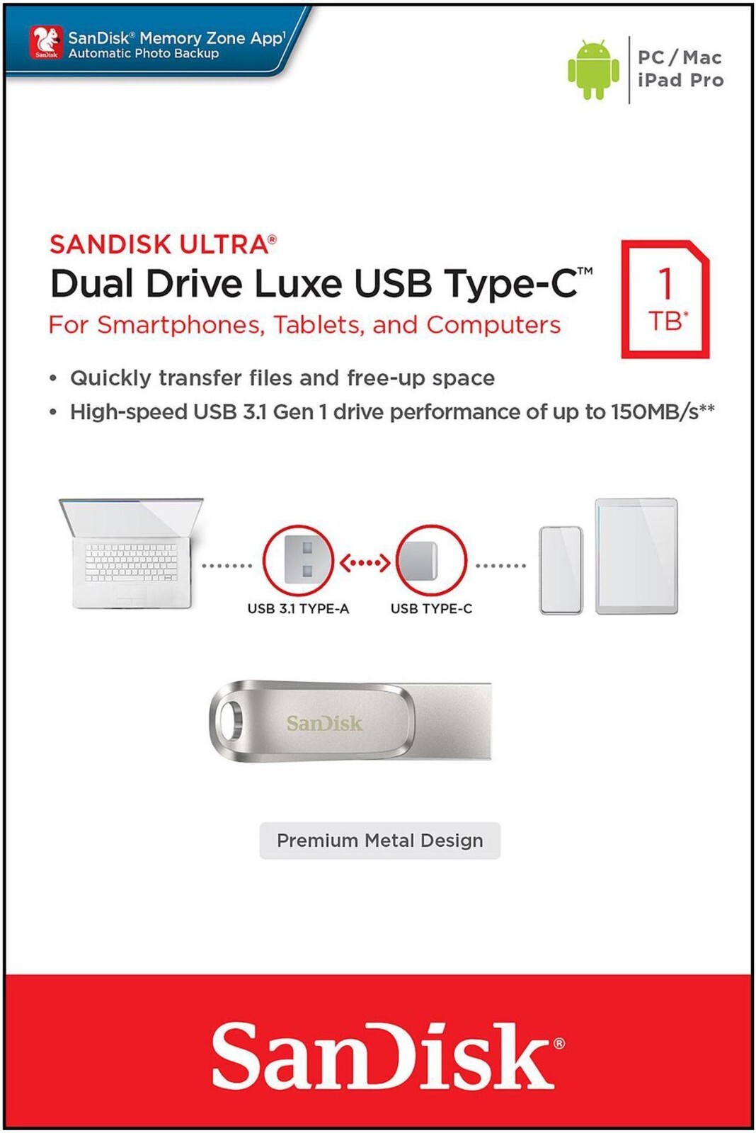 SanDisk 1TB Ultra Dual Drive Luxe USB Type-C Flash Drive SDDDC4-1T00-G46
