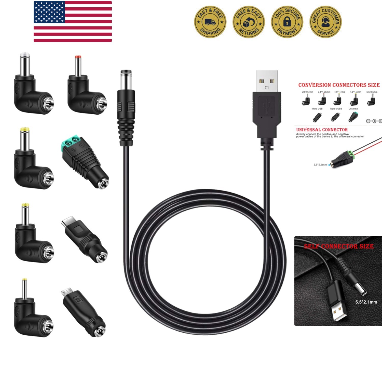 Universal 5V DC Power Cable, USB to DC 5.5x2.1mm Charging Cord Plug with 8 Co...
