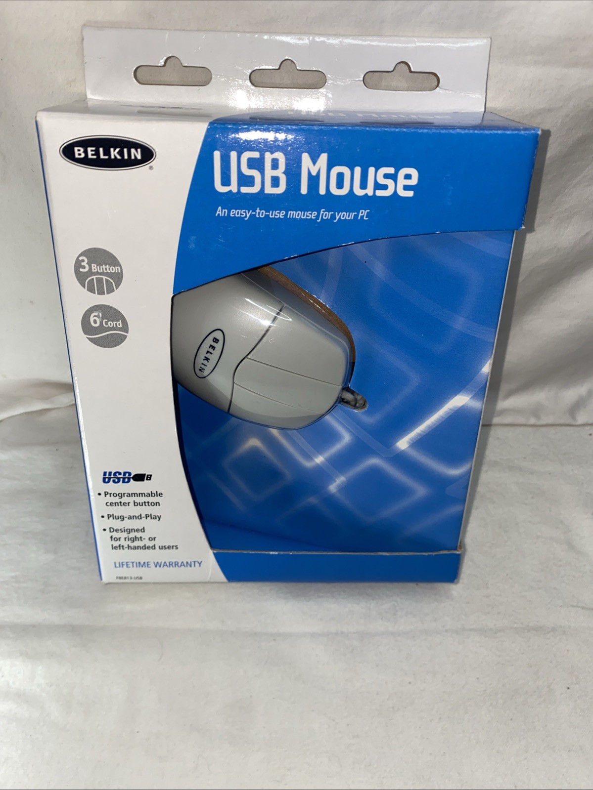 Vintage Belkin USB Mouse F8E813-USB 3 Button Programmable Plug & Play White NIB