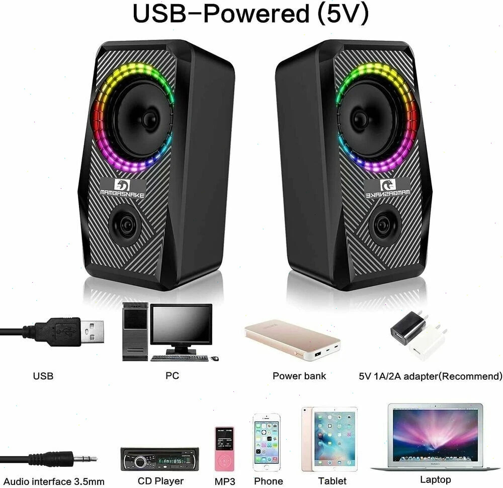 Wired RGB Computer Speakers 2.0 Channel Stereo USB Powered 3.5mm For PC Laptop