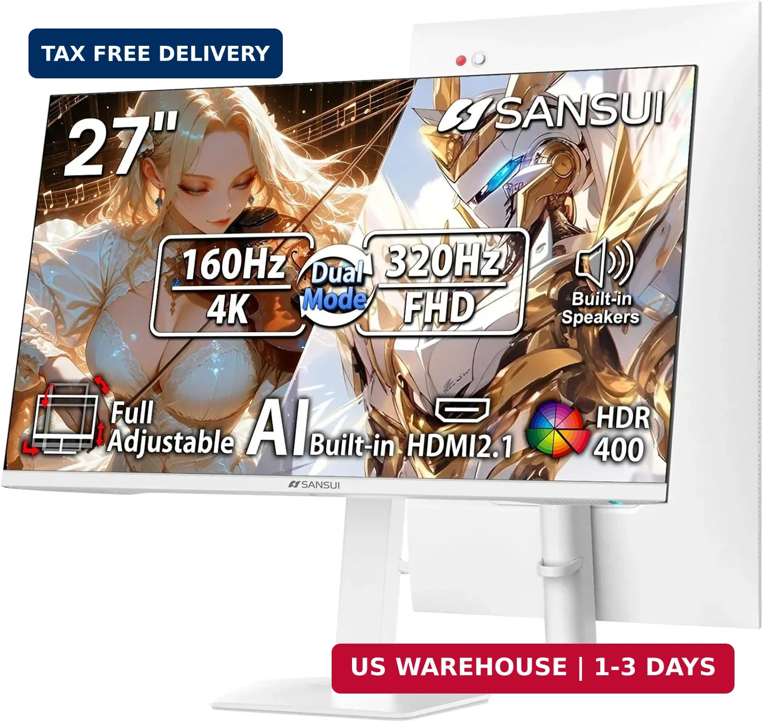 SANSUI 27" 4K Gaming Monitor, UHD 160Hz or FHD 320Hz Dual Mode PC Monitor- Fast 