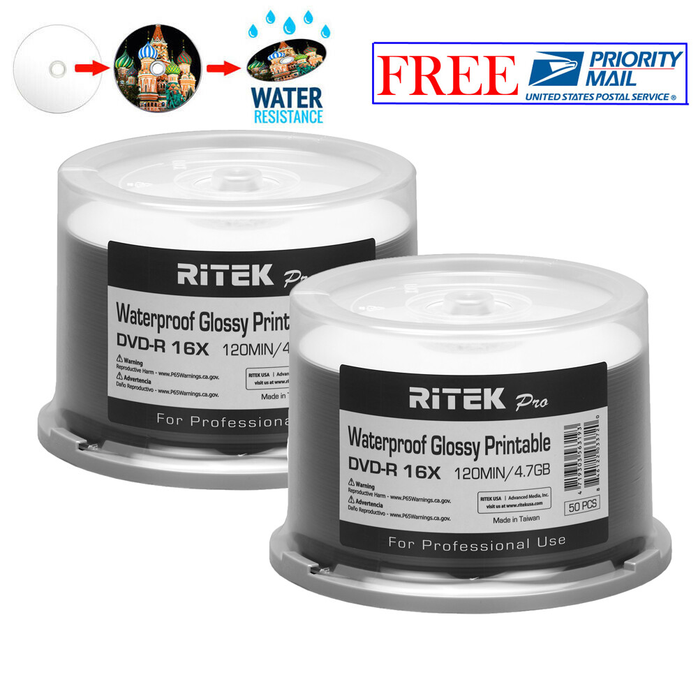 100 Ritek Pro DVD-R 16X 4.7GB Water Resistant Glossy White Inkjet Printable Disc