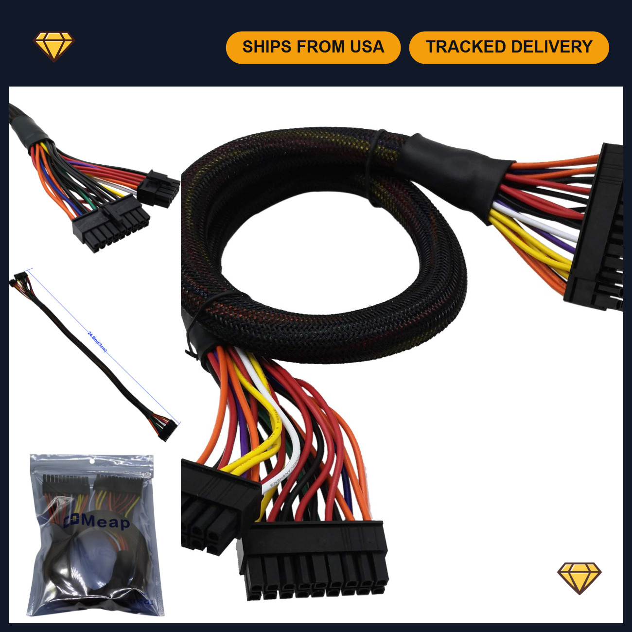 24 Pin ATX PSU Power Cable Adapter, 18 Pin + 10 Pin to 24 Pin, Sleeved 24.8