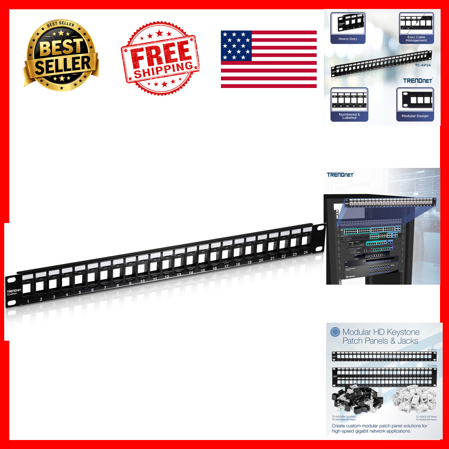 Patch Panel 24-Port Blank Keystone 1U 19 Inch Rackmount SPCC Steel Cat6