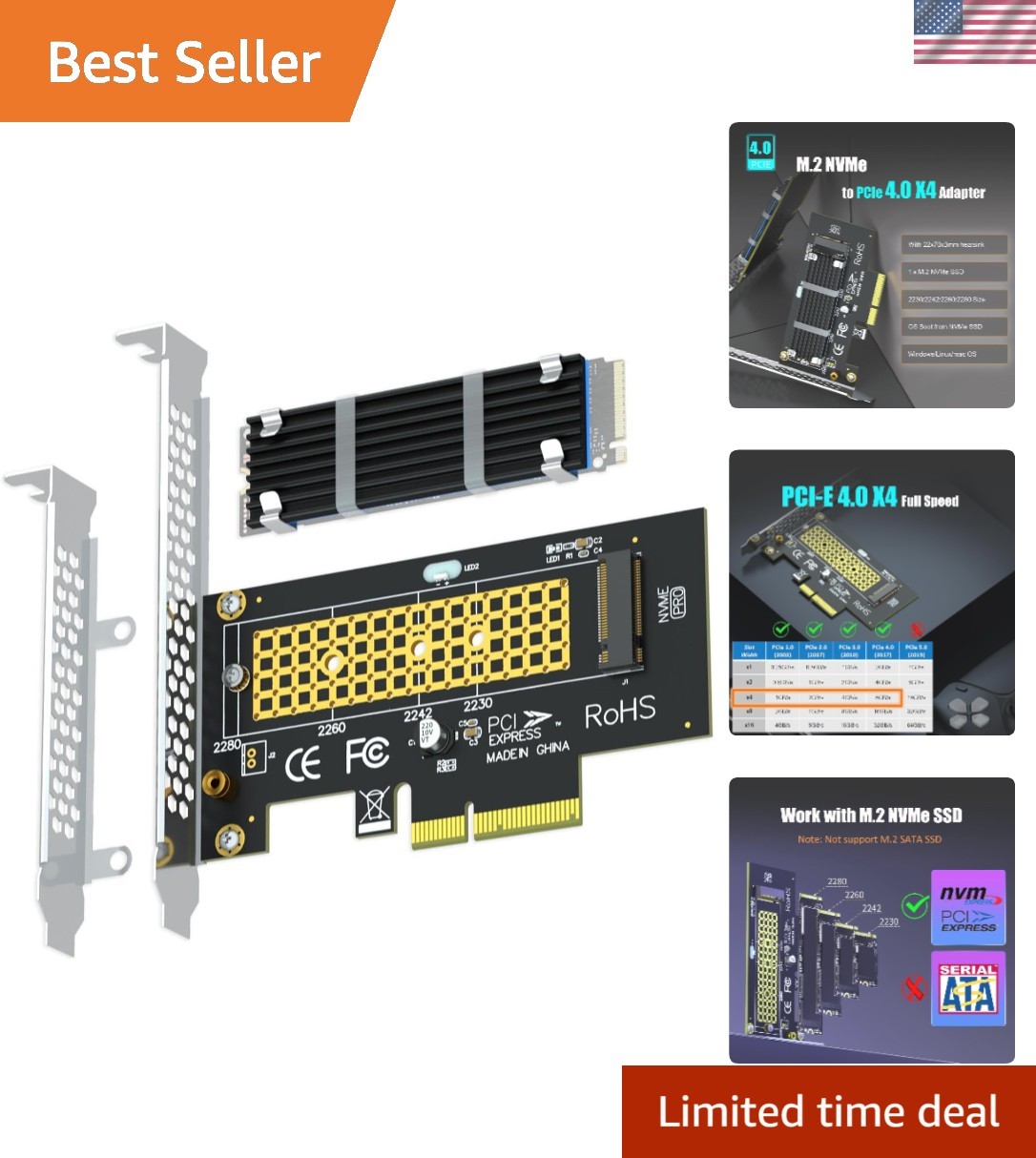 Compact PCIe 4.0 X4 M.2 NVMe Adapter with Heatsink - High Data Transfer Rate