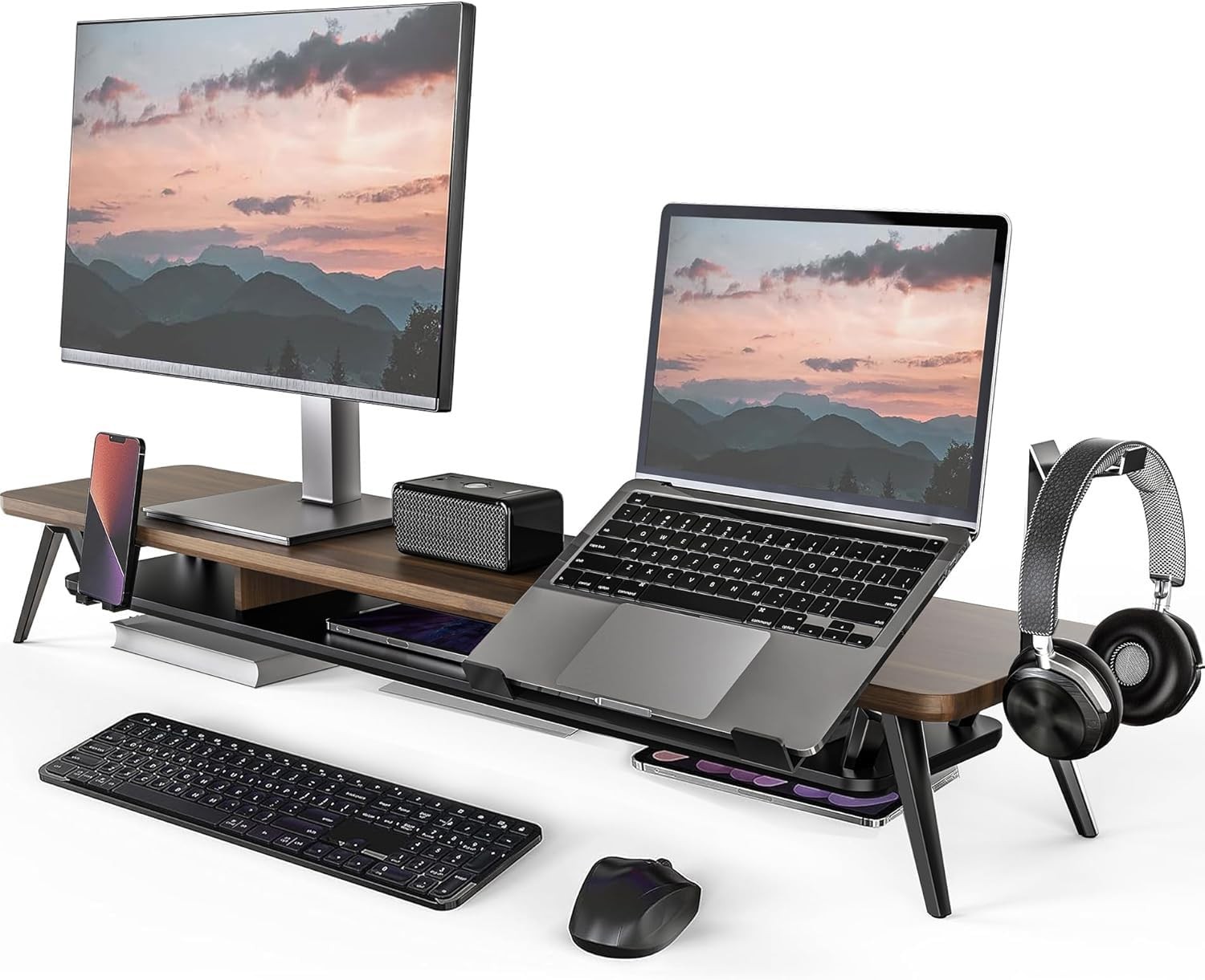 Fenge Dual Monitor Stand, Riser for 2 Monitors with 42.5 Inch, brown