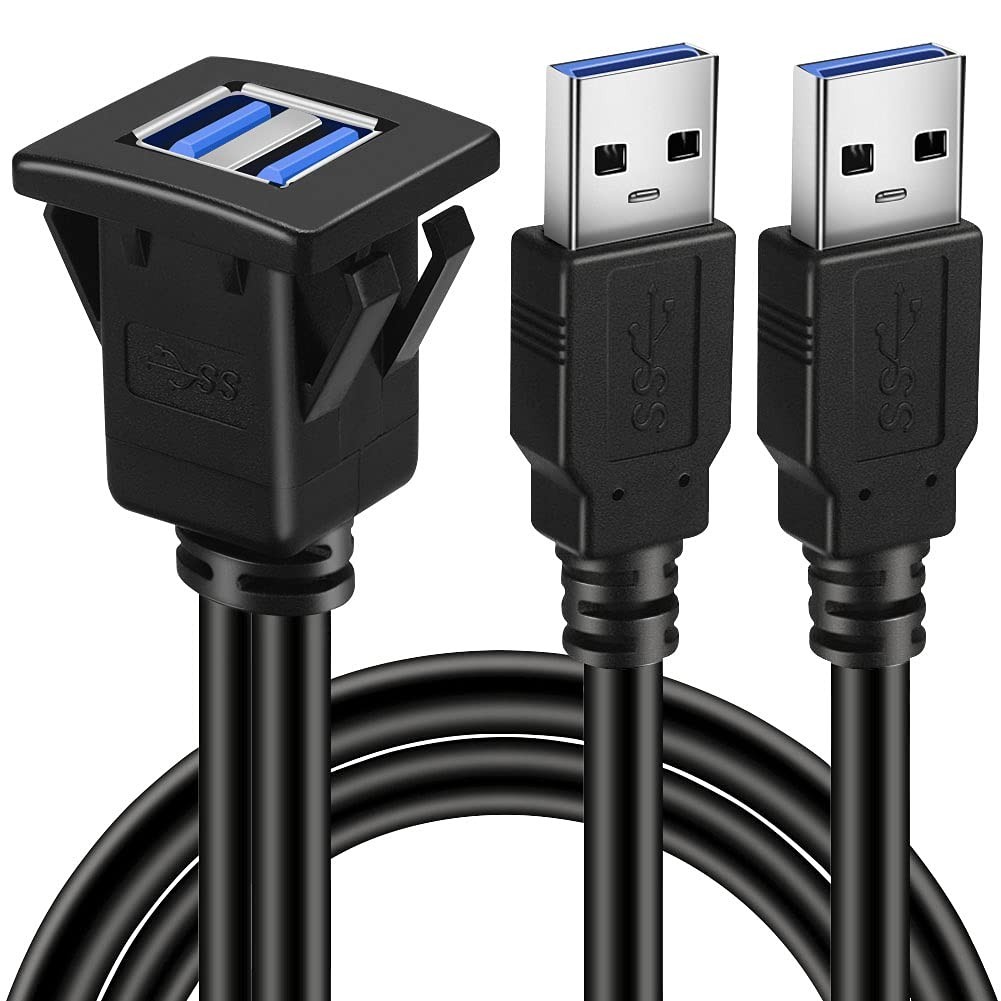 Dual Ports Square USB 3.0 Panel Flush Mount Extension Cable with Buckle for Car