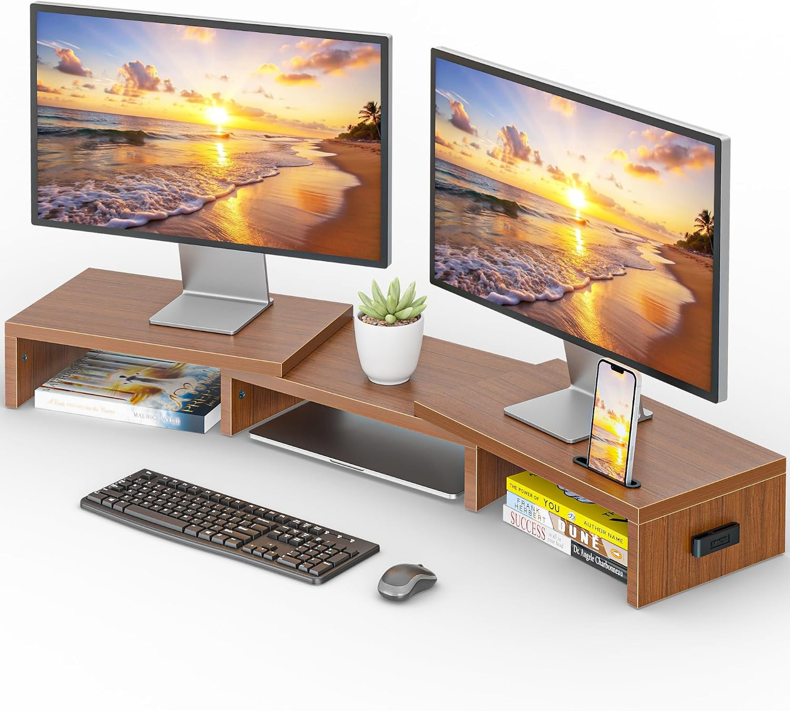Dual Monitor Stand Riser Adjusts from 31.5 to 42.5 Inches Wood Desk Organizer