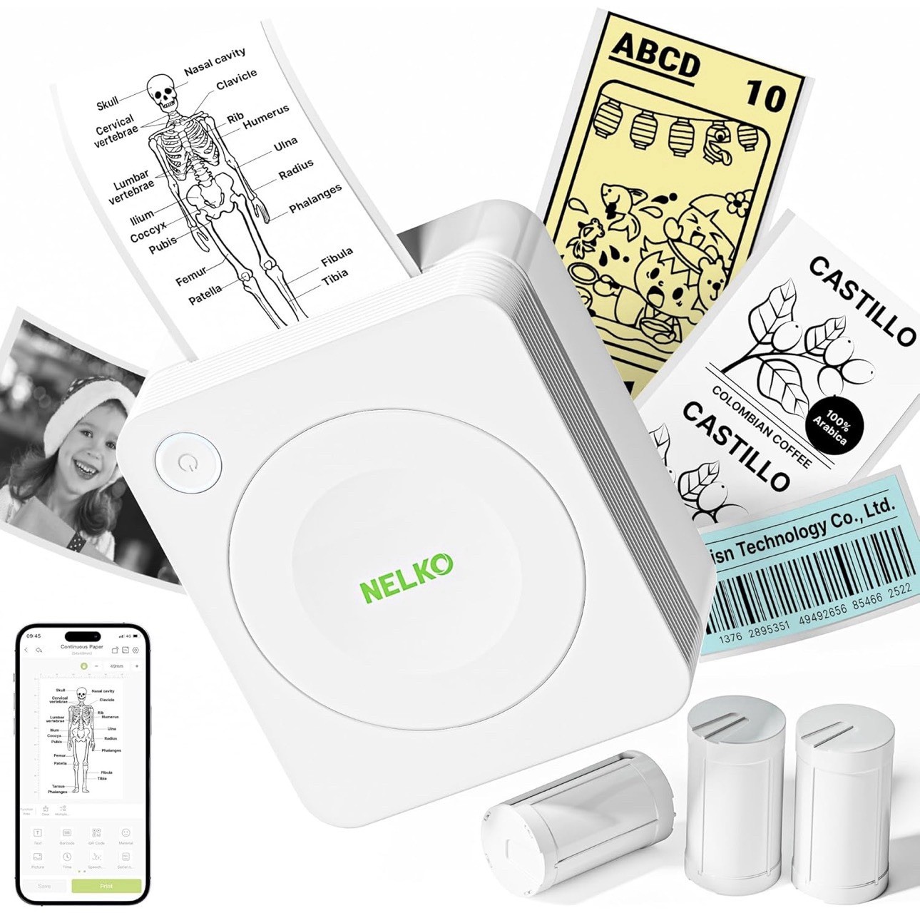 Nelko Portable Mini Printer PM230 Bluetooth Sticker Maker White, NEW