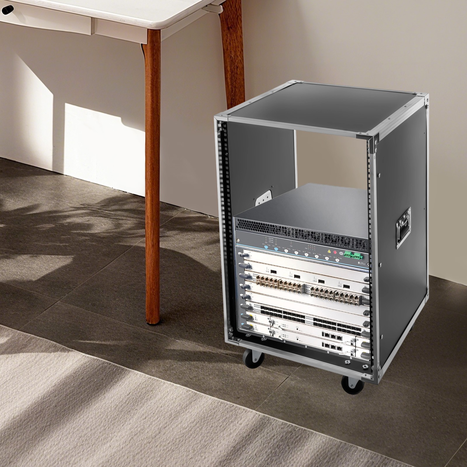 16U Server Rack Open Frame Rolling Network Data Rack 19 inch With Casters 4 Post