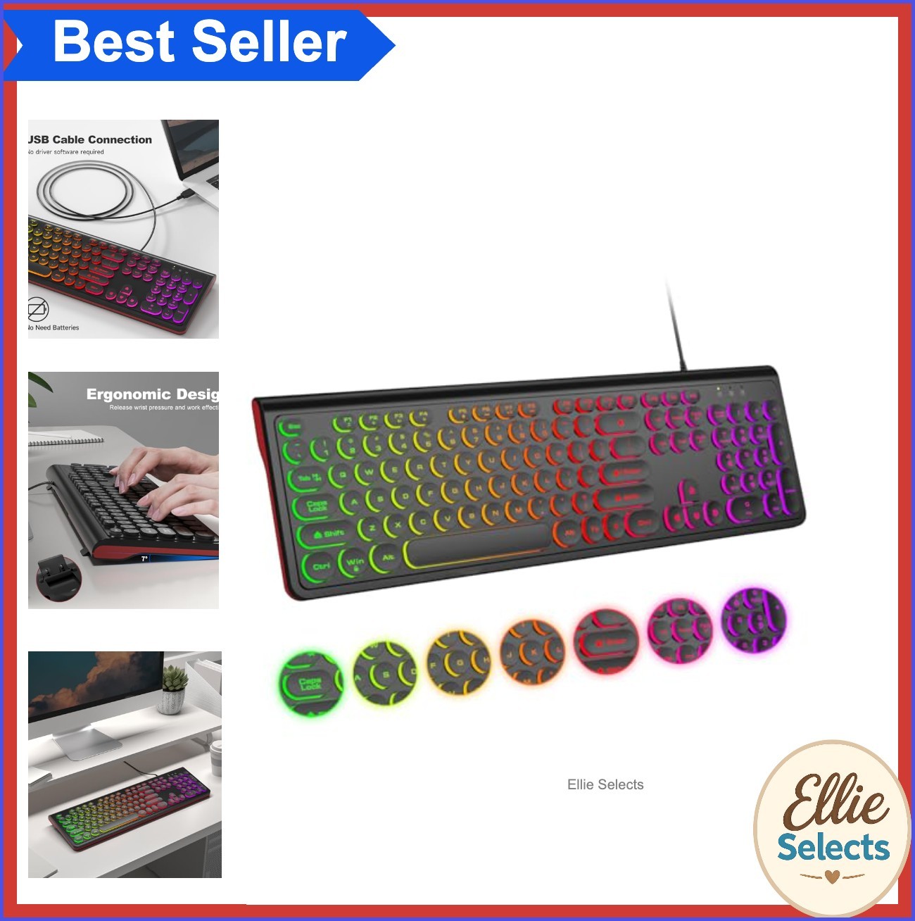 USB Wired Keyboard Backlit Rainbow Full Size Retro Keycaps 104 Keys Silent