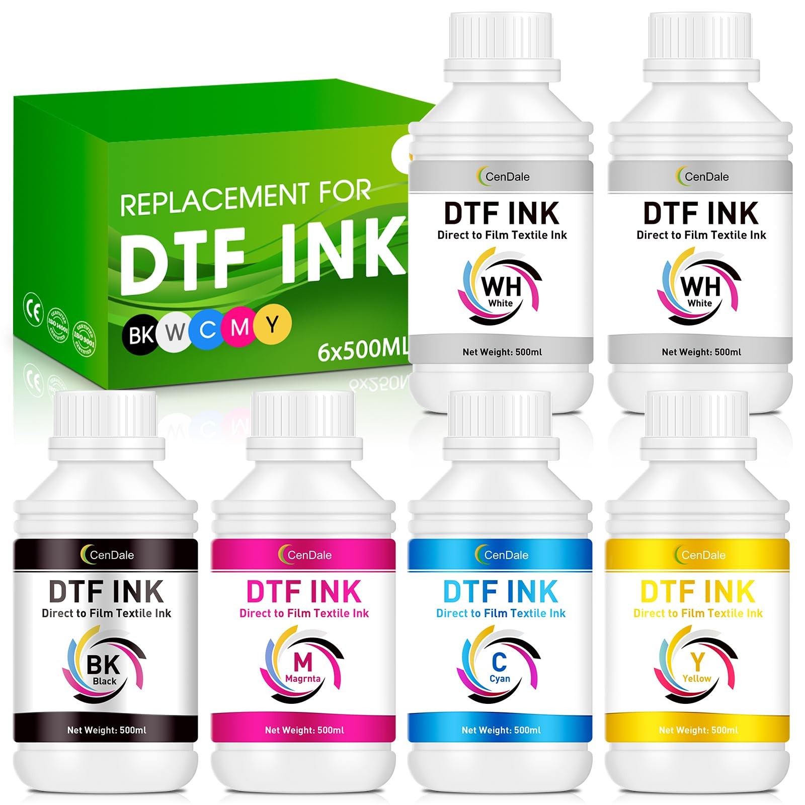 CenDale Premium DTF Ink 3000ML - 500ML X 6 ( 2 WH,CMYK ), 2