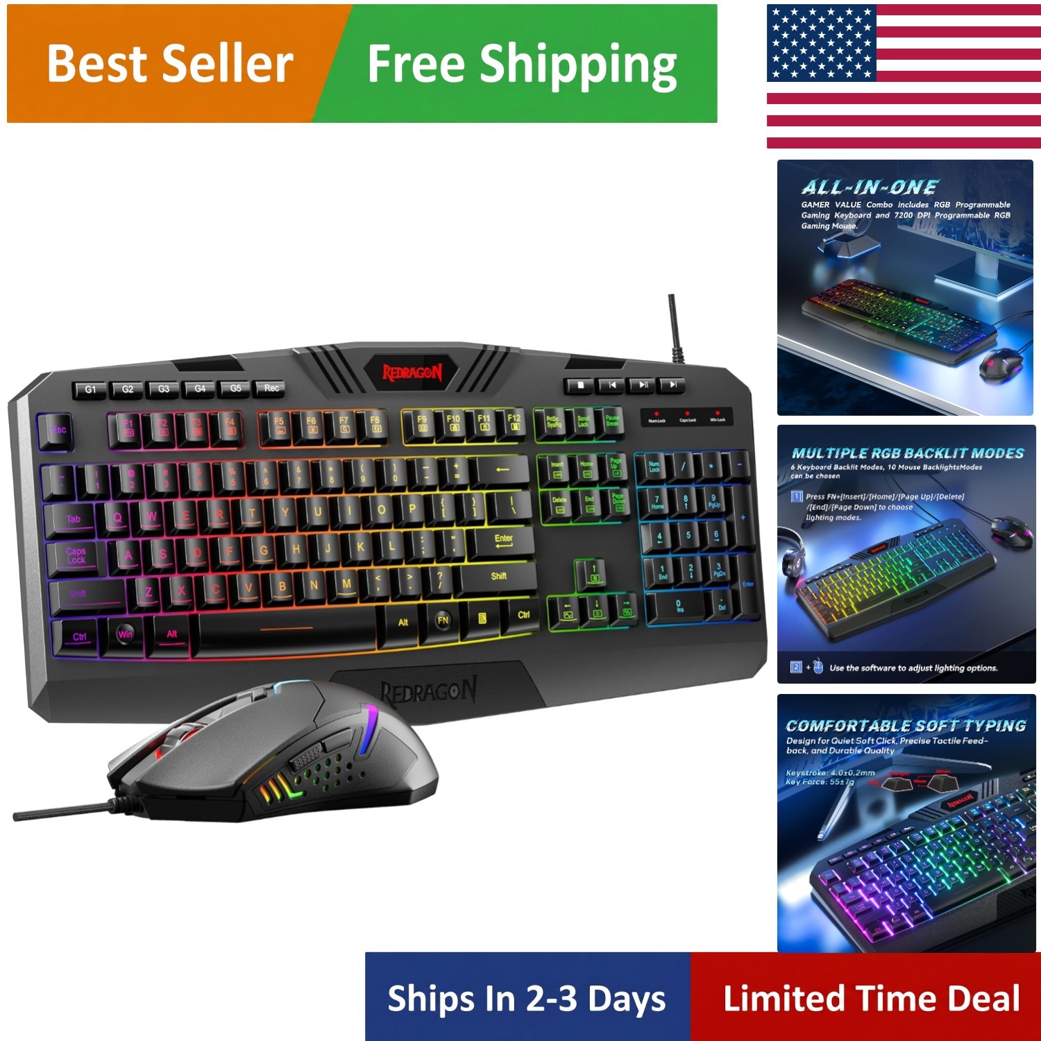 Complete RGB Backlit Gaming Keyboard and Mouse Set - Programmable & Durable