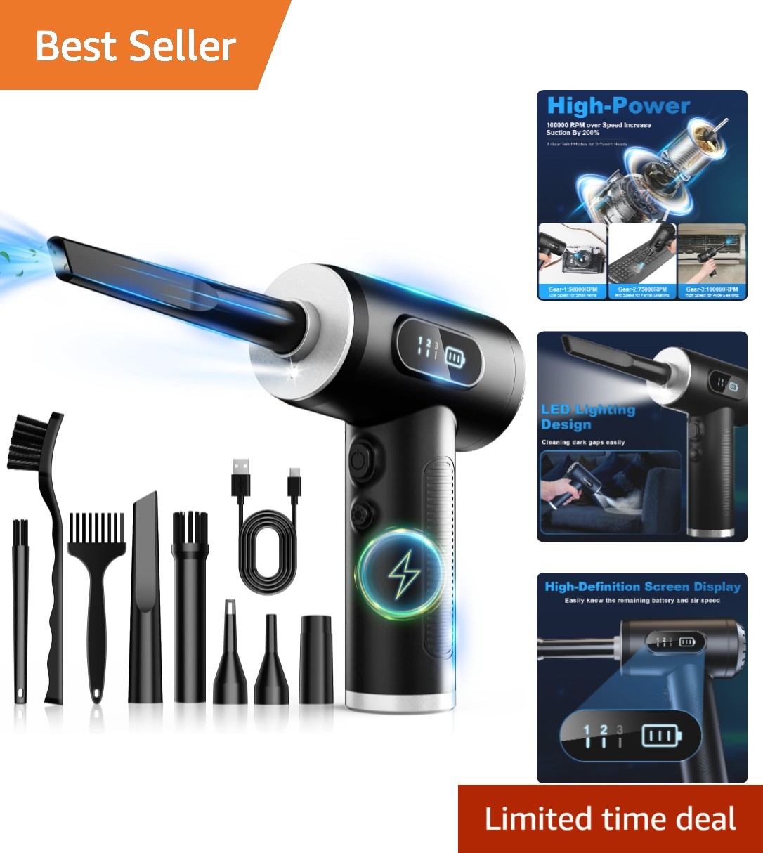 Smart LED Display Cordless Air Duster - 3 Speed Settings for Precision Cleaning