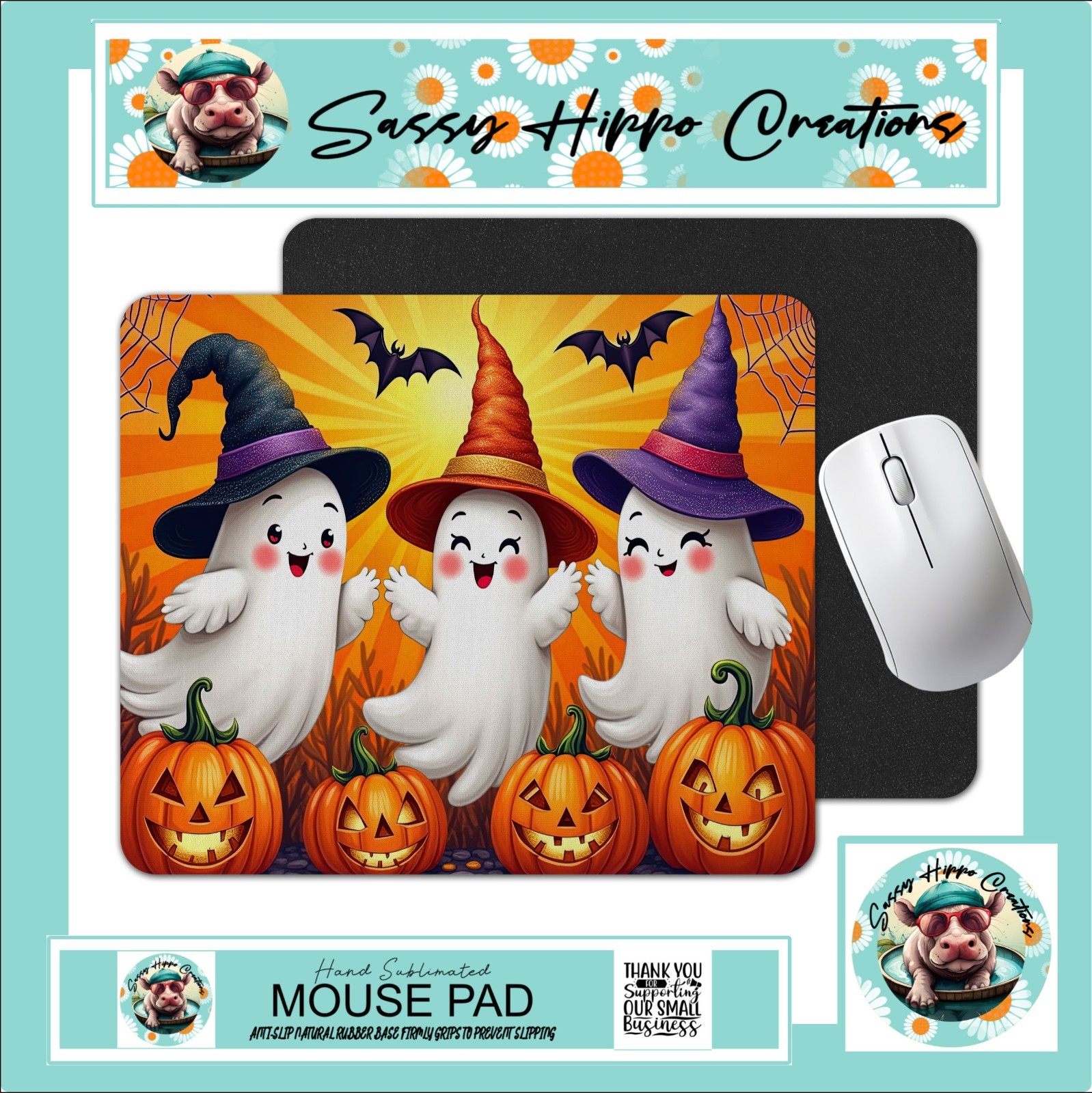 Mouse Pad Ghosts Trio Halloween Jack O Lanterns Anti Slip Easy Clean Sublimated