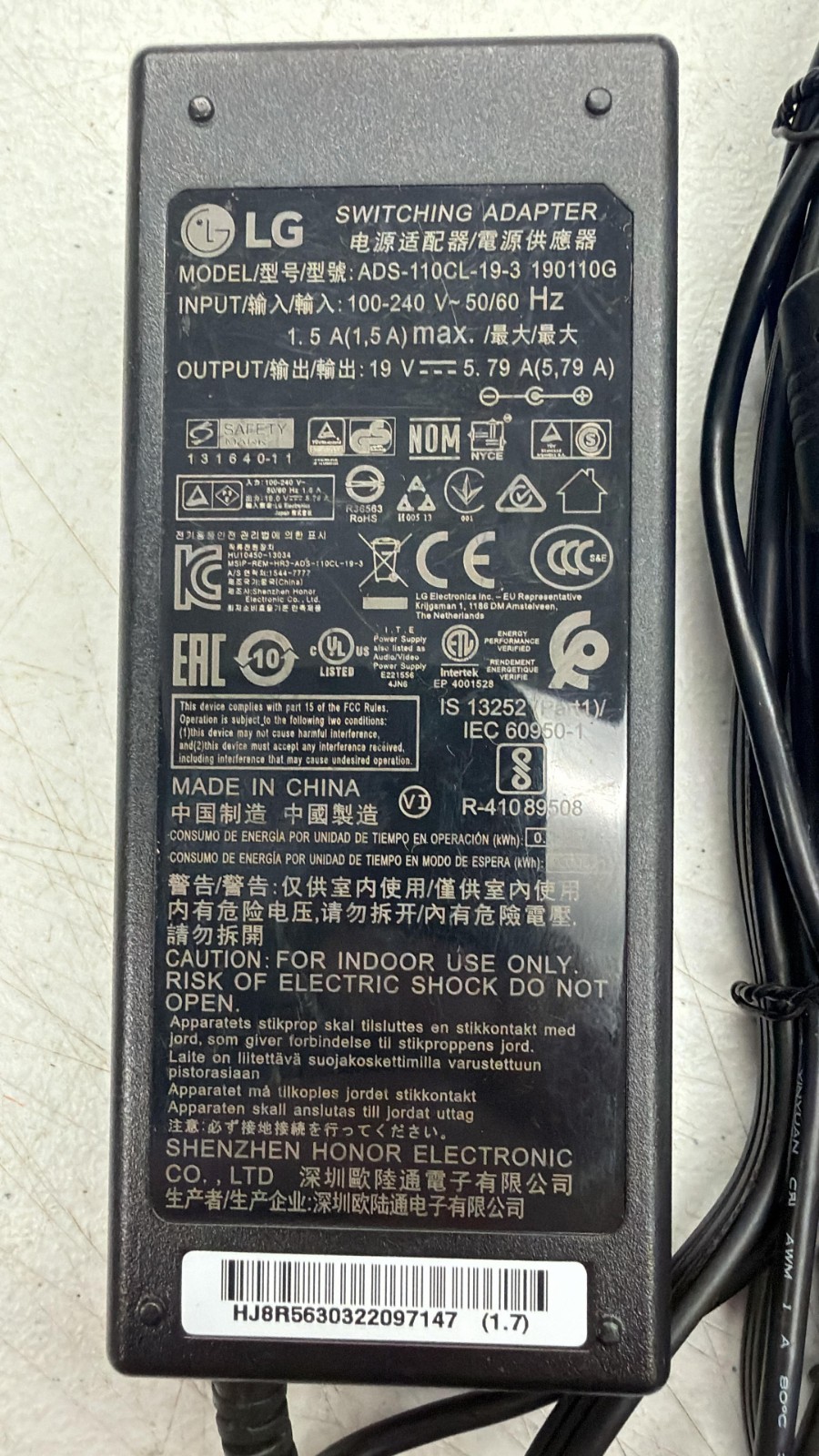 OEM LG Switching Adapter Model ADS-110CL-19-3 190110G 1.5A HU10450 for PF100U