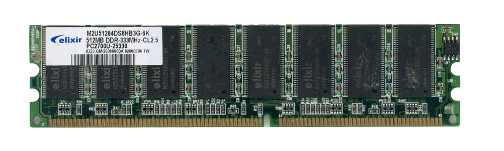 ELIXIR 512MB DDR1 SDRAM DIMM PC2700U 333MHz  Non-ECC M2U51264DS8HB3G-6K