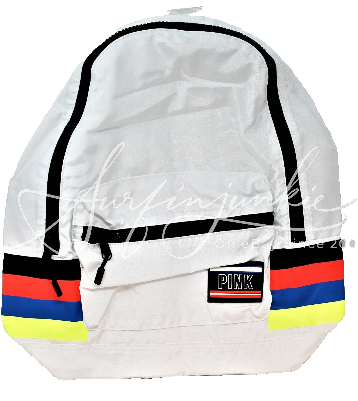 Victoria Secret PINK Basic Nylon Backpack Laptop Book Bag White Neon Stripes New