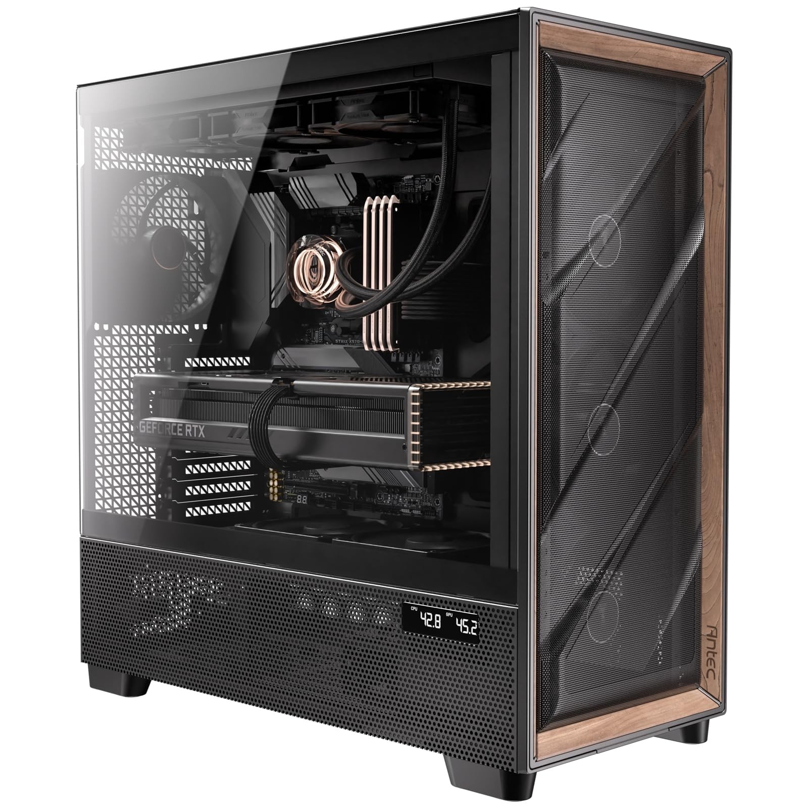 lux Pro Full-Tower E-ATX PC Case, 6 PWM Fans Included, Black 6 PWM Fans, Walnut