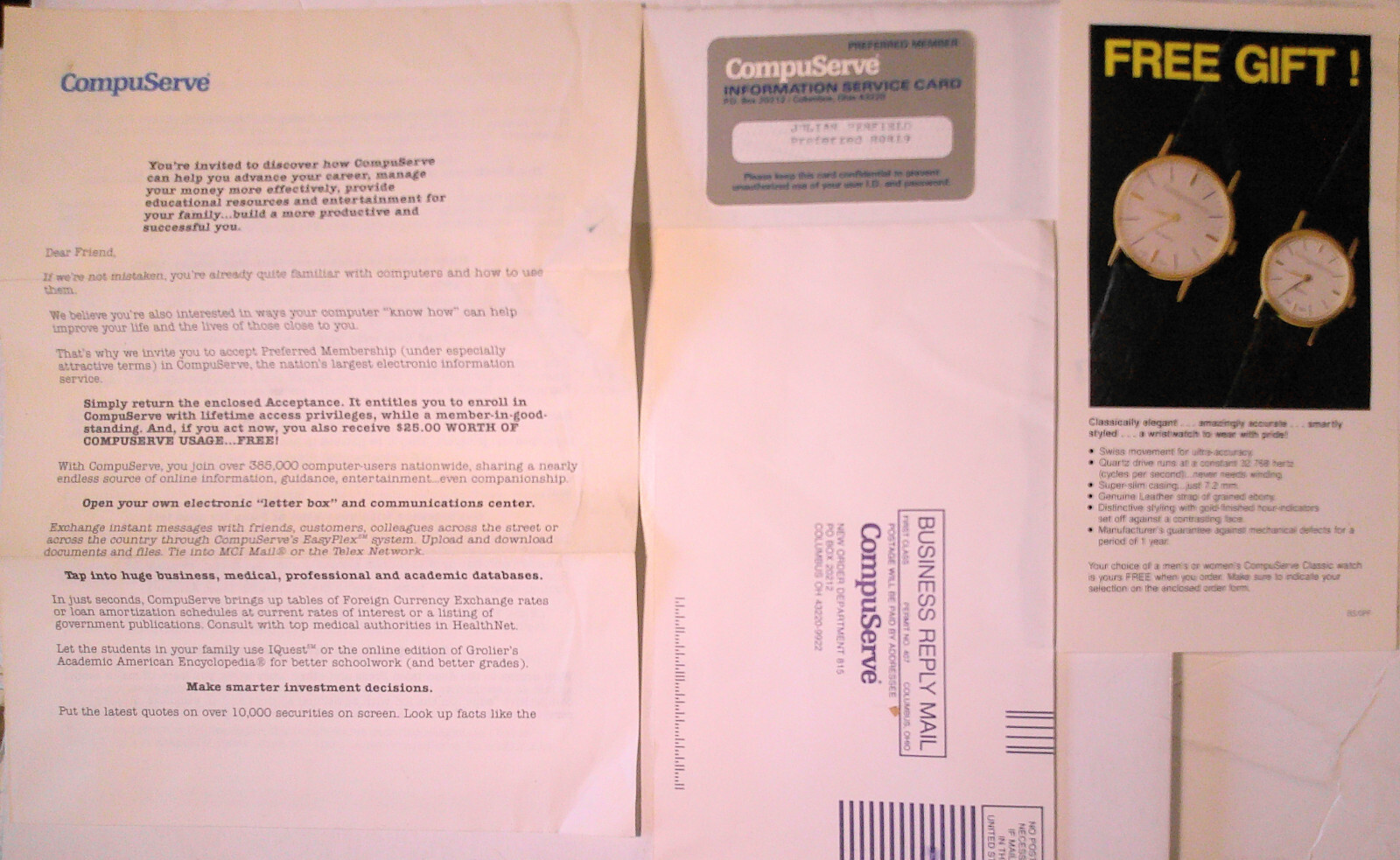 Compuserve ephemera lot [1988] -- Membership Card, promo letter, etc