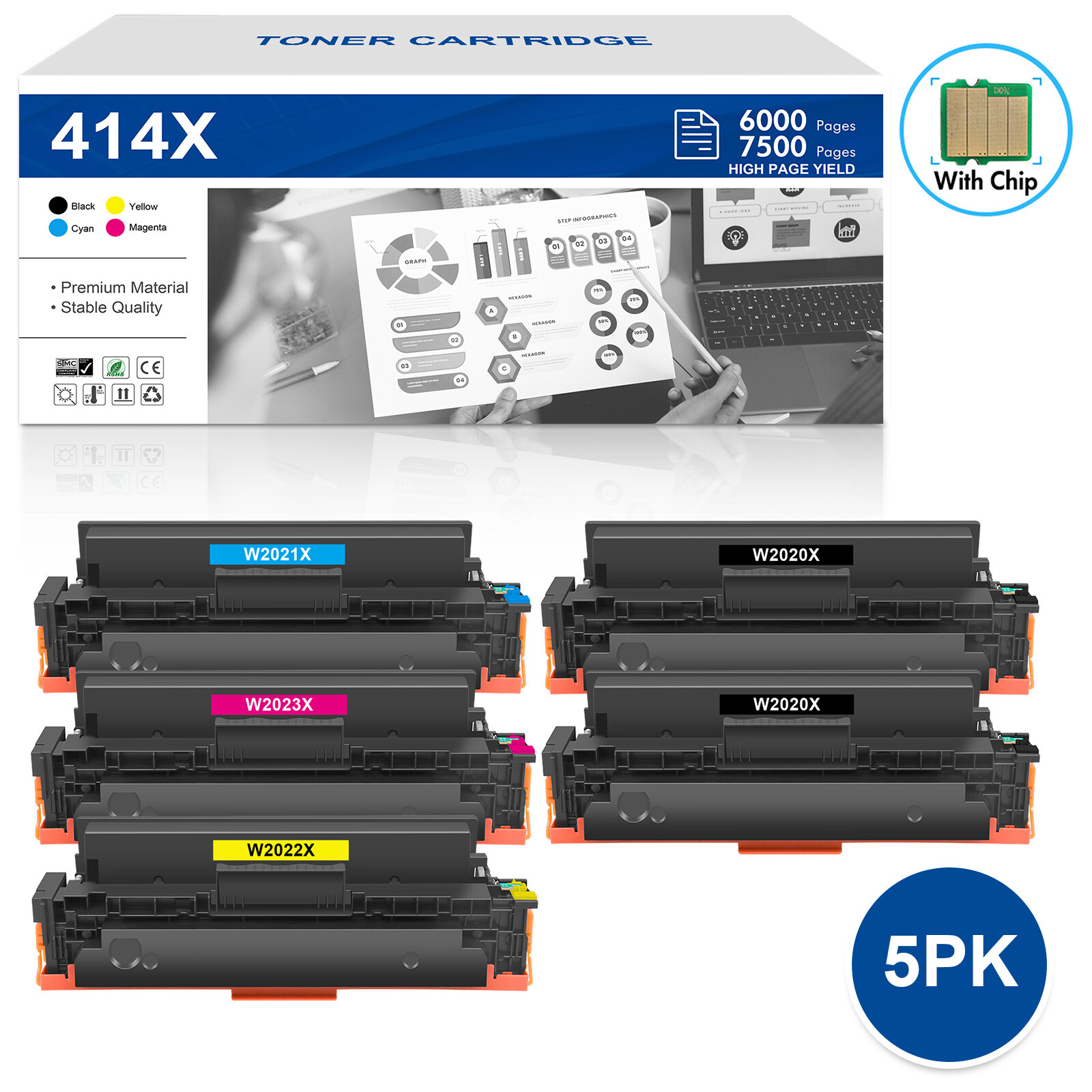 WITH CHIP 5Pack Toner for HP 414X W2020X Laserjet Pro MFP M479fdw M479fdn M454dn