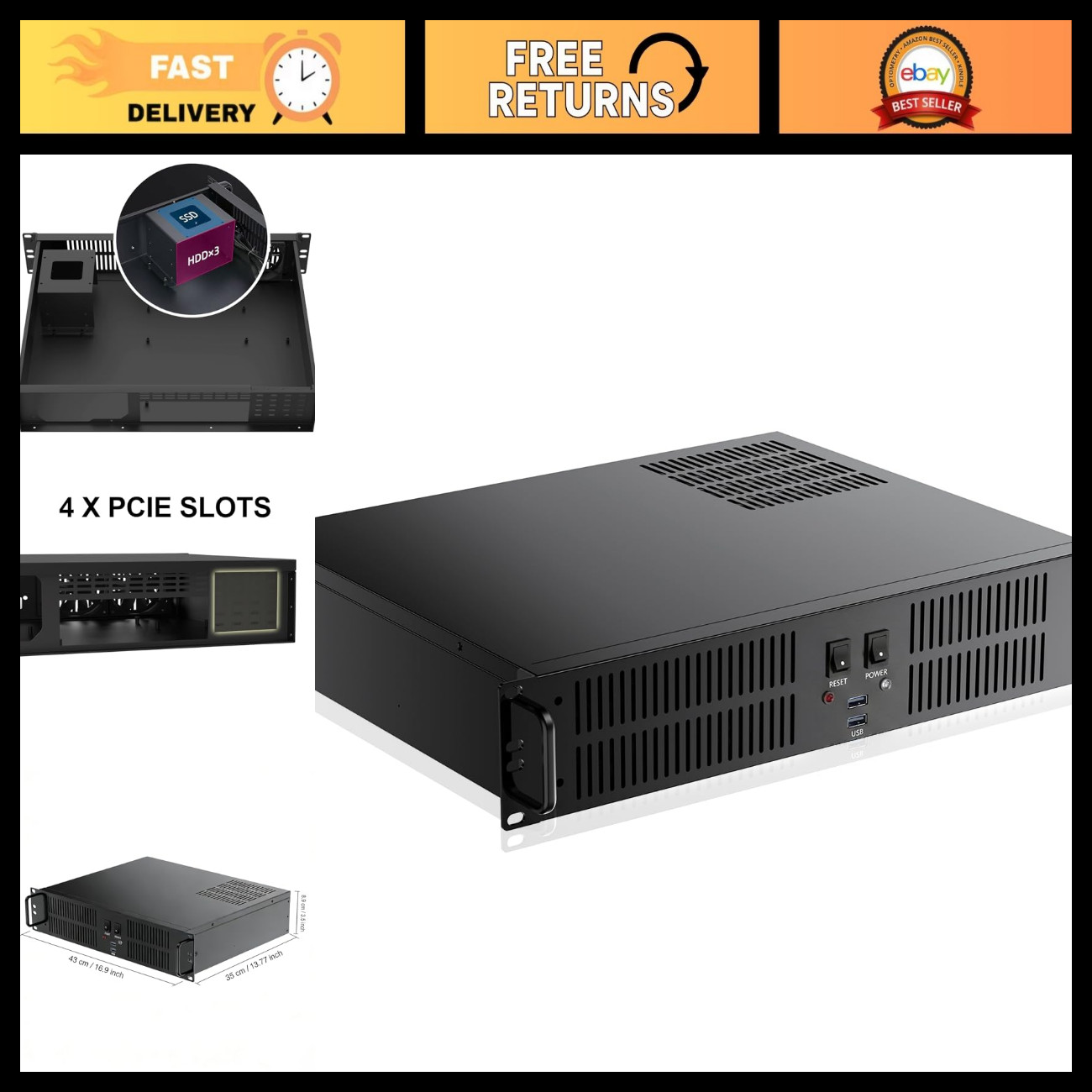 2U Rackmount Server Chassis Case, Micro-ATX, SSD & HDD Bays, 2x USB 3.0 Ports