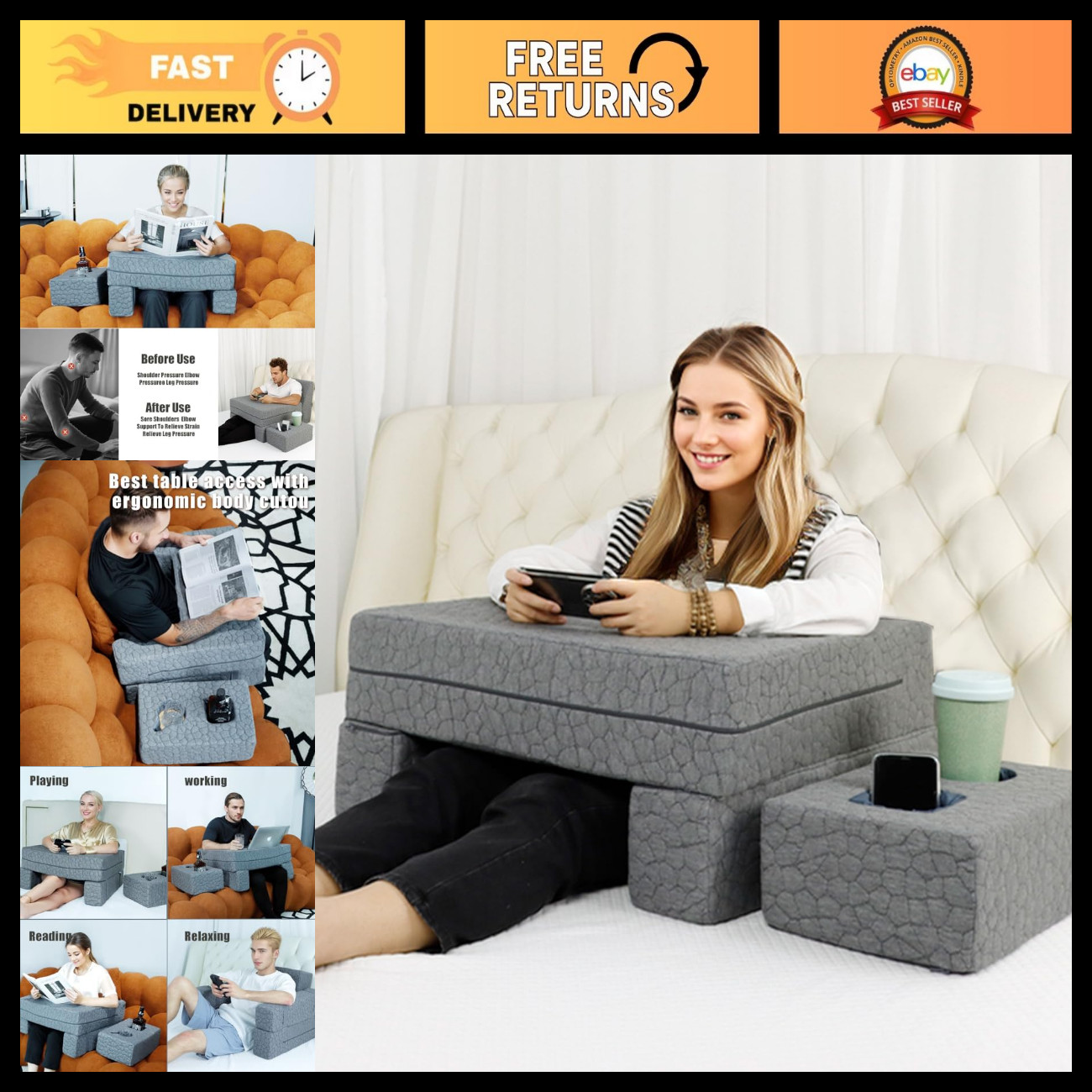 Extra Large Memory Foam Lap Desk Pillow with Arm Rests & Cup Holder - Ergonomic