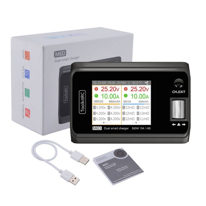 ToolkitRC M6D 500W 15A DC Dual Channel Charger Discharger For 1-6S Lipo 2.4" LCD