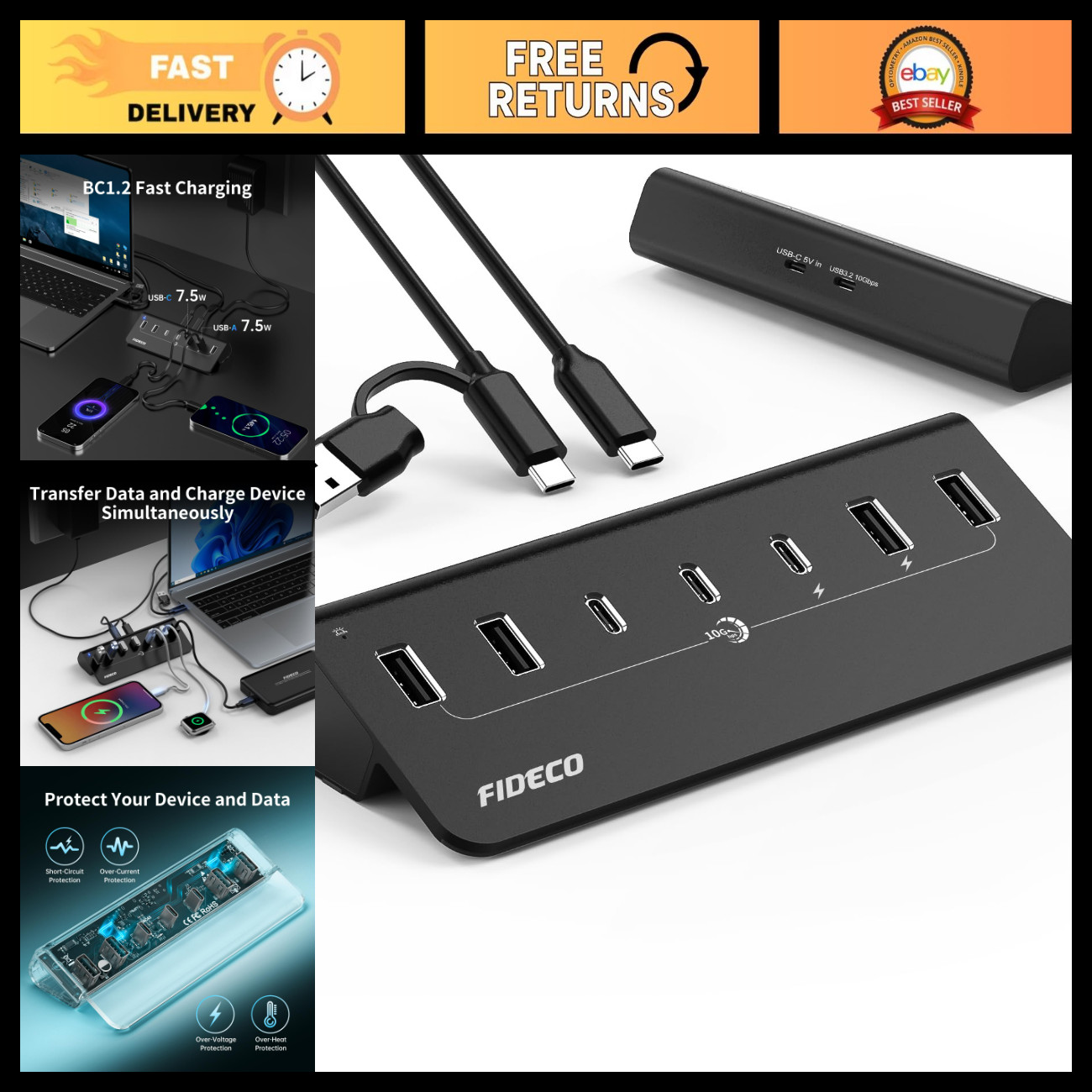 7-Port USB Hub 10Gbps Data Splitter for iPhone & Laptop, Aluminum, 5V 3A Power,