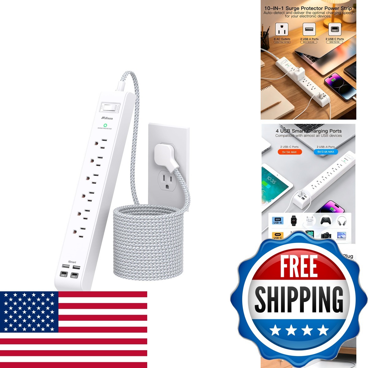 Mifaso Surge Protector Power Strip 5FT, 10-in-1 6 AC Outlets 4 USB Ports(2
