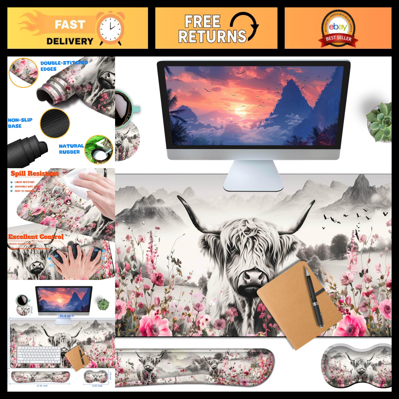 4-Piece XXL Mouse Pad Set with Highland Cow Design - Includes Wrist Rest & Coast
