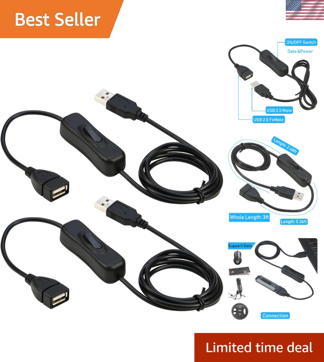 Upgrade Your Setup: Black 3.3ft USB Extension Cable with ON/OFF Switch - 2-count